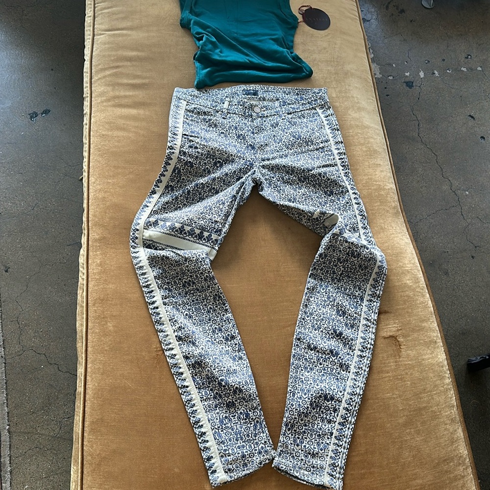 No stretch Cotton jeans High end designer brand Cream and blue ornament  Used